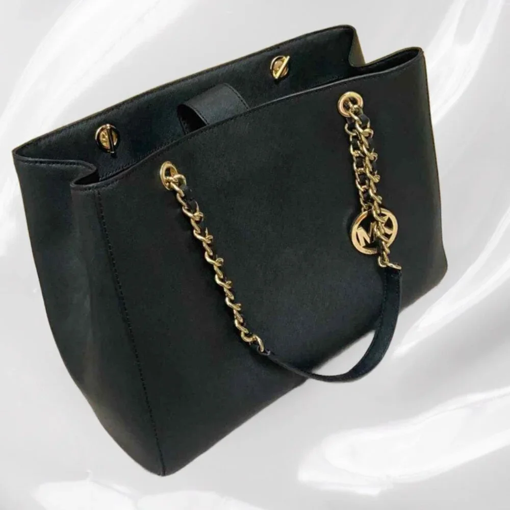 Michael Kors Susannah Black Saffiano Leather Structured Satchel Tote Gold Chain